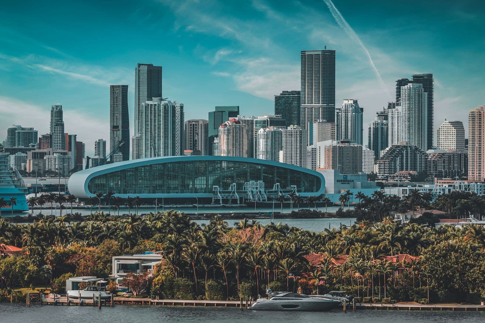 Scenic view of Miami skyline with modern skyscrapers and waterfront palm trees under blue skies.